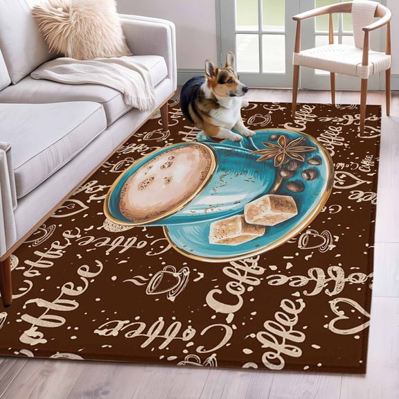 Coffee Area Rug 3x5 FT, Non Slip Entryway Bedside Carpet, Brown Teal Pastoral Vintage Art Washable Floor Carpet Indoor Mat Non-Shedding Throw Rug for Dorm Kitchen Home Office
