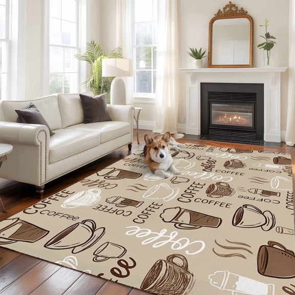 Coffee Area Rug 5x8 FT, Non Slip Bedroom Throw Carpet, Beige Farmhouse Retro Beans Latte Tea Cup Funny Washable Soft Floor Carpet Non-Shedding Rug for Living Room Nursery Dorm Office