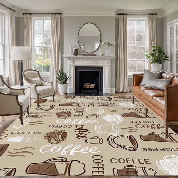 Coffee Area Rug 6x9 FT, Non Slip Living Room Throw Carpet, Beige Farmhouse Retro Beans Latte Tea Cup Funny Washable Soft Large Floor Carpet Non-Shedding Rug for Bedroom Dining Room Play Room