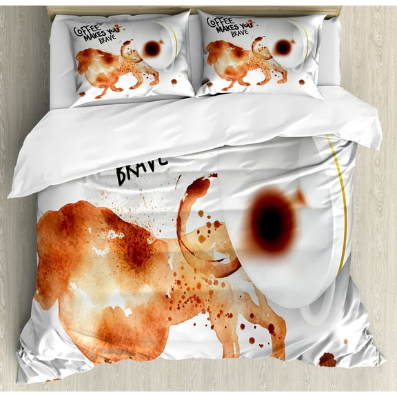 Coffee Art Duvet Cover Set, Be Brave and Courageous Inspiration Motivation Nature Wild Lion, Decorative 3 Piece Bedding Set with 2 Pillow Shams, King Size, Burnt Sienna Black White, by Ambesonne