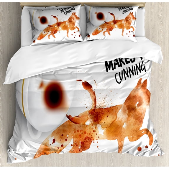 Coffee Art Duvet Cover Set, Cunning Animal and Human Nature Character Theme Coffee Espresso, Decorative 3 Piece Bedding Set with 2 Pillow Shams, Queen Size, Burnt Sienna Black White, by Ambesonne
