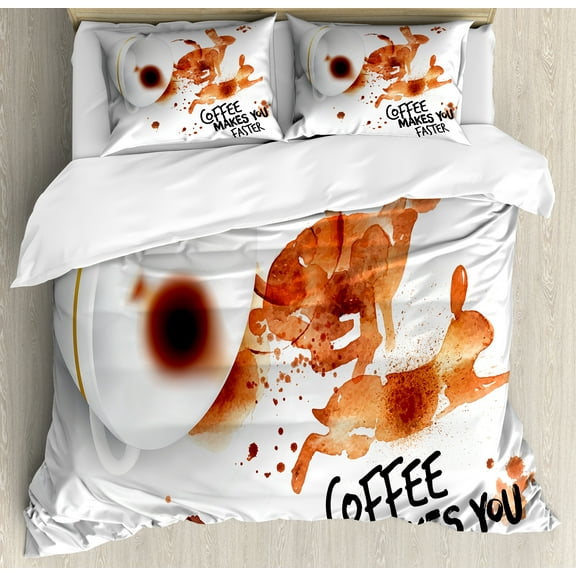 Coffee Art Duvet Cover Set, Drink and Be Inspired Coffee Makes You Faster Words Espresso Stain, Decorative 3 Piece Bedding Set with 2 Pillow Shams, Calking Size, Burnt Sienna Black White, by Ambesonne