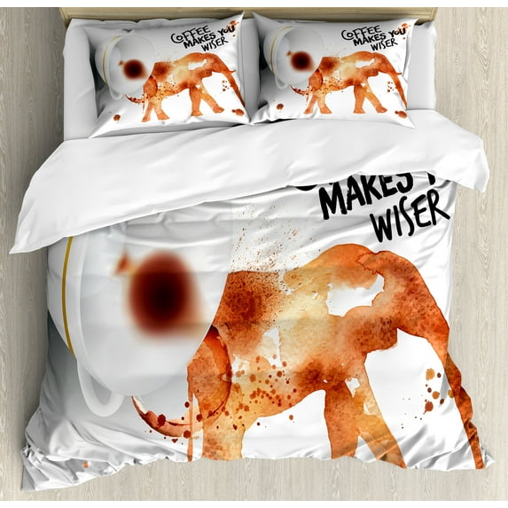 Coffee Art Duvet Cover Set, Drink Coffee and Be Wiser Concept with Espresso Stains, Decorative 3 Piece Bedding Set with 2 Pillow Shams, Queen Size, Burnt Sienna Black White, by Ambesonne