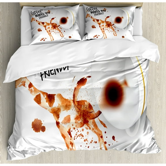 Coffee Art Duvet Cover Set, Be Outgoing and Sociable Inspiration Hot Drink Friendly Giraffe, Decorative 3 Piece Bedding Set with 2 Pillow Shams, Calking Size, Brown Orange Black, by Ambesonne
