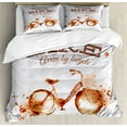 thumbnail image 1 of Coffee Art Duvet Cover Set, Refreshing Morning Coffee and Bike Theme Love Passion Habit, Decorative 3 Piece Bedding Set with 2 Pillow Shams, Queen Size, Dark Orange Chocolate, by Ambesonne, 1 of 3