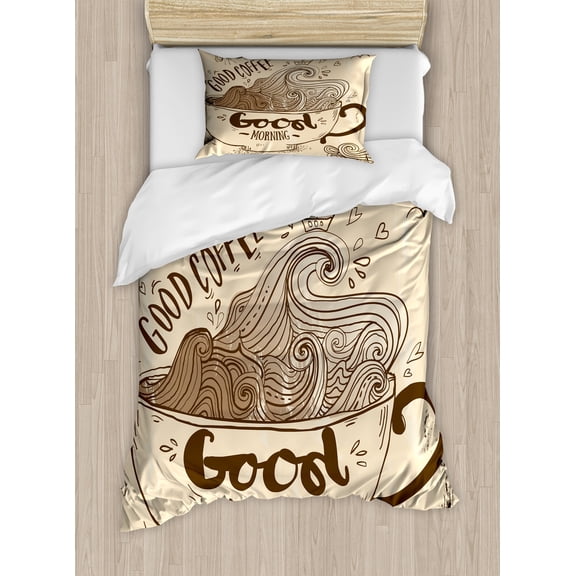 Coffee Art Duvet Cover Set, Retro Inspired Morning Theme Cup and Ship Sailing on Ocean Waves Doodle, Decorative 2 Piece Bedding Set with 1 Pillow Shams, Twin Size, Chocolate and Beige, by Ambesonne