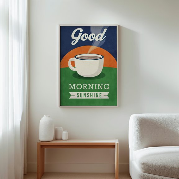 Coffee Art Retro Morning Poster Vibes Steaming Coffee Cup Wall Art , Poster Print Only