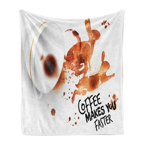 Coffee Art Soft Flannel Fleece Blanket, Drink and Be Inspired Coffee Makes You Faster Words Espresso Stain, Cozy Plush for Indoor and Outdoor Use, 60" x 80", Burnt Sienna Black White, by Ambesonne