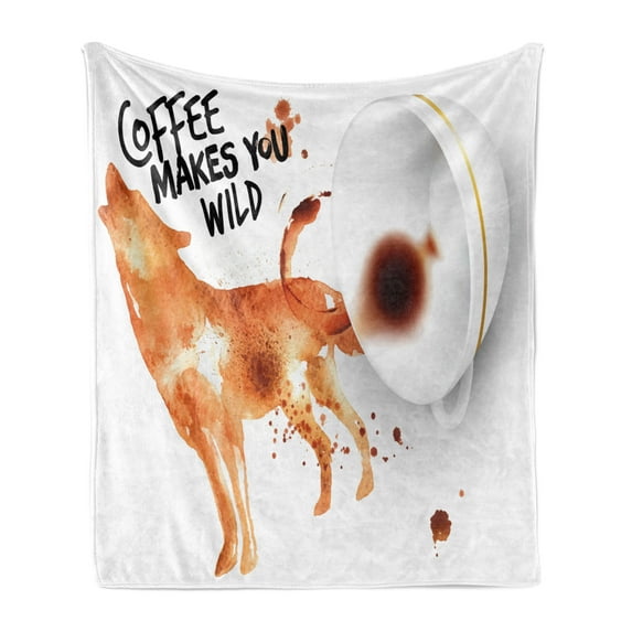 Coffee Art Soft Flannel Fleece Throw Blanket, Beverage of Wilderness Spilled Drink Blots and Howling Wold, Cozy Plush for Indoor and Outdoor Use, 60" x 80", Burnt Sienna Black White, by Ambesonne