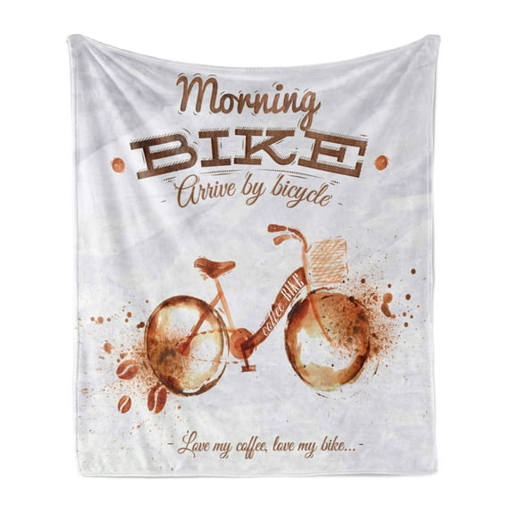 Coffee Art Soft Flannel Fleece Throw Blanket, Refreshing Morning Coffee and Bike Theme Love Passion Habit, Cozy Plush for Indoor and Outdoor Use, 50" x 60", Dark Orange Chocolate, by Ambesonne
