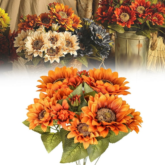 Coffee Artificial Sunflower Bunch, 9-Head Fall Floral Stems for Home Decor, Artificial Sunflowers Bouquet with 9 Heads, Faux Fall Flowers for Home Decor, Autumn Wedding and Table Centerpiece