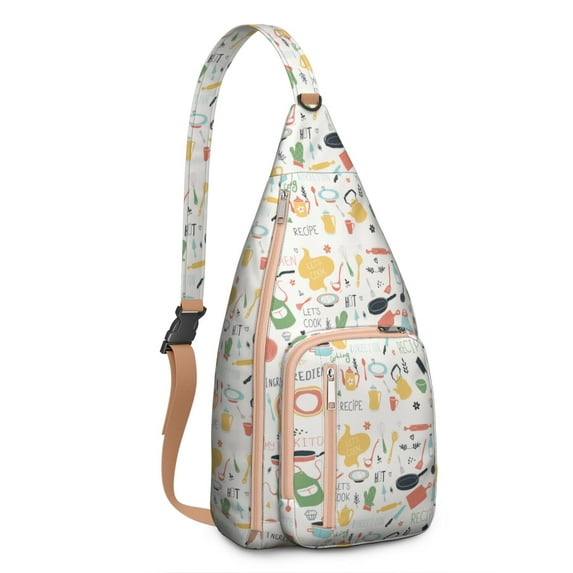 Coffee & BBQ Sling Backpack – Vintage Smoked Sausage & Kawaii Fruit Print Crossbody Bag, Lightweight Anti-Theft Pack for Foodies & Travel