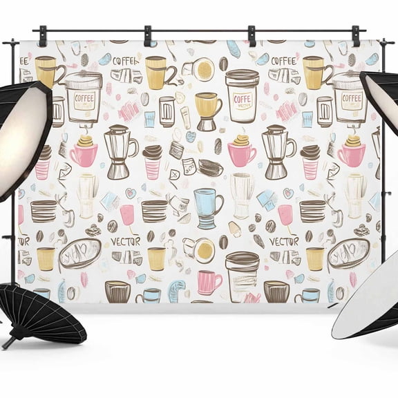Coffee Backdrop for Photography, Cartoon Modern Hand Painted Photo Backdrop Portrait Background Party Banner Photo Backgrounds for Studio Booth Props, 12x8ft