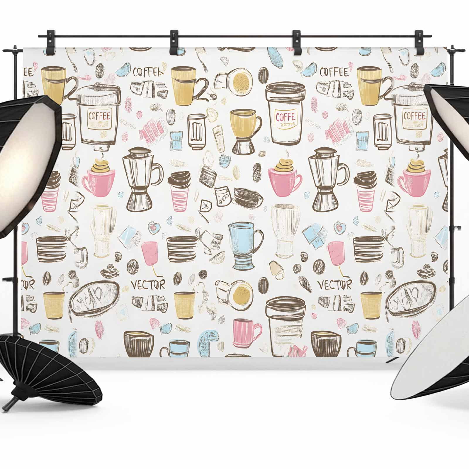 Coffee Backdrop for Photography, Cartoon Modern Hand Painted Photo Backdrop Portrait Background Party Banner Photo Backgrounds for Studio Booth Props, 7x5ft