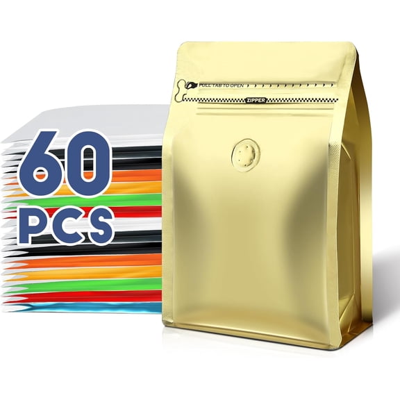 Coffee Bags with Valve(60pcs,8 oz,1/2 lb) Vented Coffee Beans Packaging Bags High Barrier Aluminumed Foil Flat Bottom Heat Sealed Side Zipper Resealable Storage Bag for or Business()