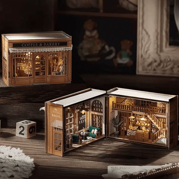 Coffee & Bakery Dollhouse Kit - Miniature Wizardi Roombox Kit with LED Light F07M51-63-MINI-111