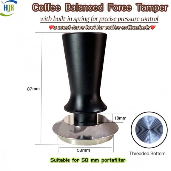 Coffee Balanced Force Tamper, with Built-in Spring for Precise Pressure Control, A Must-have Tool for Coffee Enthusiasts, for 58 mm portafilter, Threaded Bottom, Black