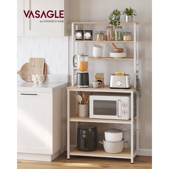 Coffee Bar, 31.5 Inches Bakers Rack for Kitchen with Storage, 6-Tier Kitchen Shelves with 6 Hooks, Microwave Stand, Industrial, Oak Colour and White