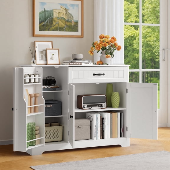 Coffee Bar, 42" Kitchen Storage Cabinet with Adjustable Shelves & 8 Shelves & Drawer, Sideboard Buffet Cabinet for Kitchen, Dining Room - White