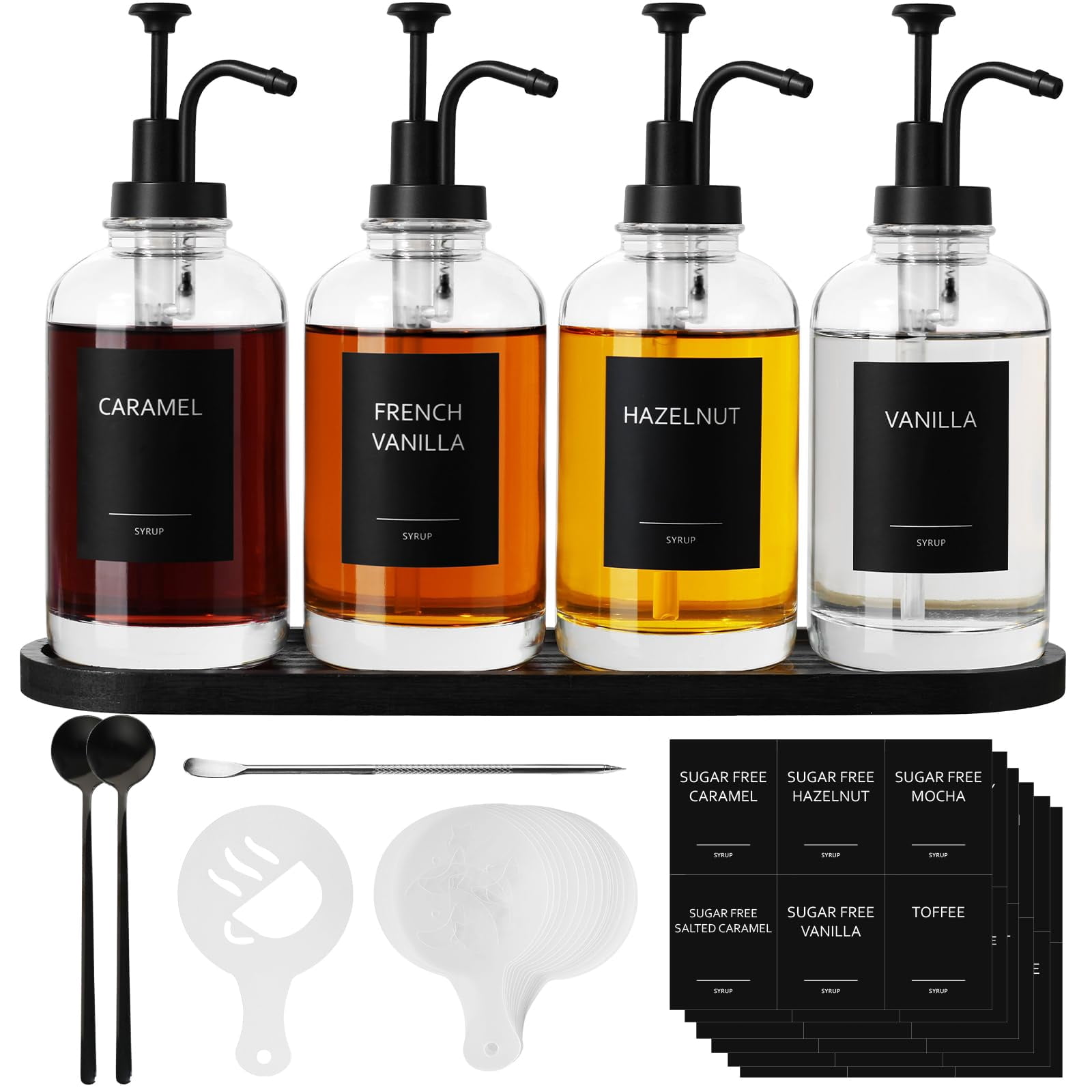 Coffee Bar Accessories  Glass Syrup Dispenser With Pump 16.9 Fl Oz/500ml Bottles For Organizer Labels Spoons 4 Pack