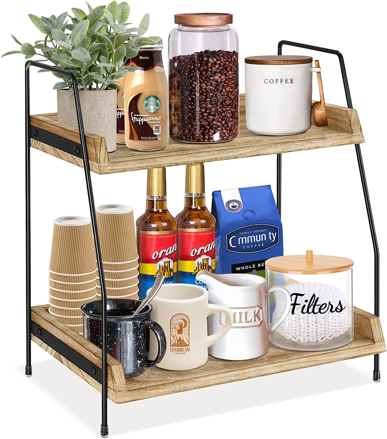 Walmart 2 Tier Metal Wooden Coffee Station Countertop Storage Shelf Kitchen racks and Shelves Organizer Brown Walmart