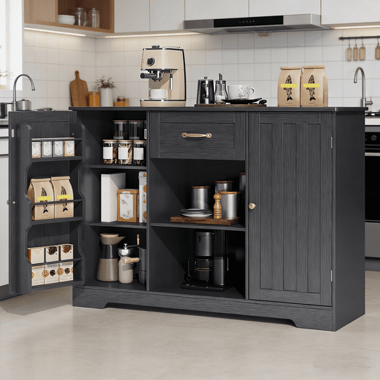 Coffee Bar, Aiho 45" Kitchen Storage Cabinet, Sideboard Buffet Cabinet with 14 Shelves, 1 Drawer - Black