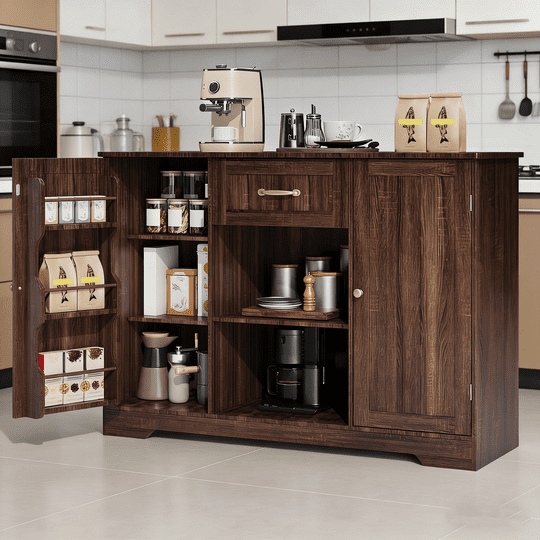 Coffee Bar, Aiho 45" Kitchen Storage Cabinet, Sideboard Buffet Cabinet with 14 Shelves, 1 Drawer - Brown