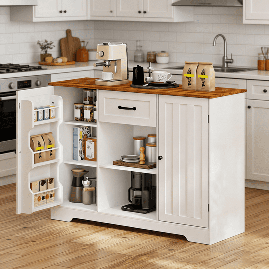 Coffee Bar, Aiho 45" Kitchen Storage Cabinet, Sideboard Buffet Cabinet with 14 Shelves, 1 Drawer - Retro Desktop