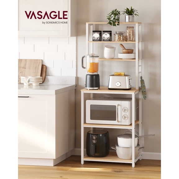 VASAGLE Coffee Bar, 23.6 Inches Baker's Rack for Kitchen with Storage, 6-Tier Kitchen Shelves with 6 Hooks, Microwave Stand, Modern, Golden Oak and Cloud White