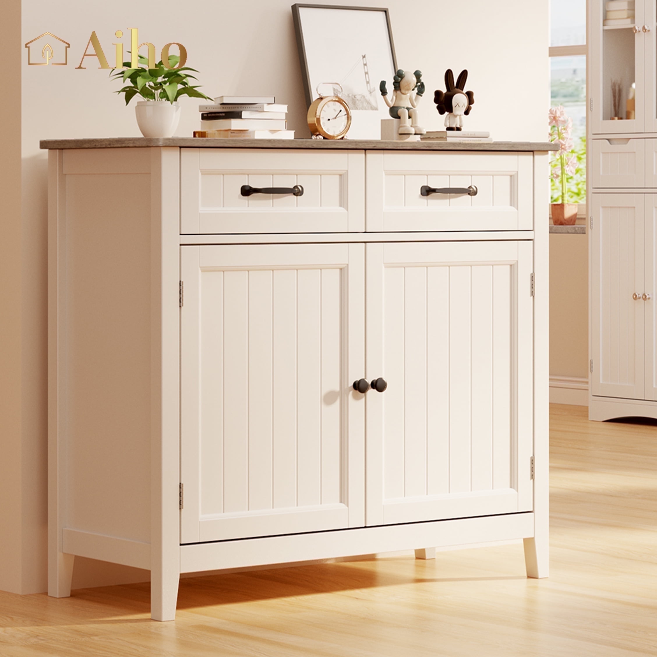 Coffee Bar Cabinet, Aiho 35" Farmhouse Kitchen Pantry Storage Cabinet, 2 Drawers, Adjustable Shelf - White+Gray