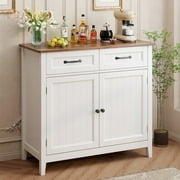 Coffee Bar Cabinet, Aiho 35" Farmhouse Kitchen Pantry Storage Cabinet, 2 Drawers, Adjustable Shelf - White+Retro