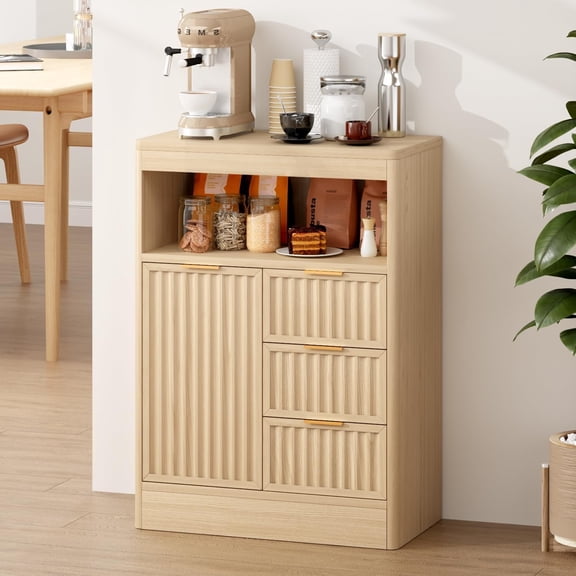 Coffee Bar Cabinet with Drawer, Fluted Buffet Sideboard Cabinet with 3 Drawers & Adjustable Shelf, Rounded Bathroom Storage Cabinet for Dining Room, Kitchen, Living Room, Entryway,Bathroom, Oak