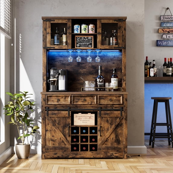 Coffee Bar Cabinet Farmhouse Coffee Bar Cabinet 72 Inch with LED Lights ...