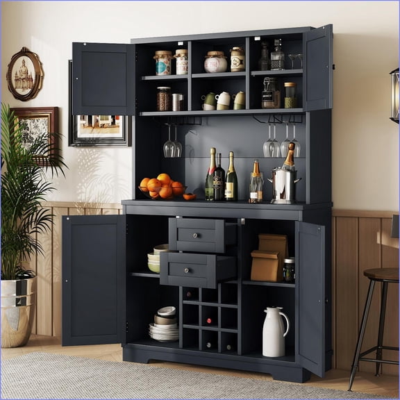Coffee Bar Cabinet, Farmhouse Dark Blue Storage with Wine Cubbies, Drawers & Racks | MDF + Particle Board