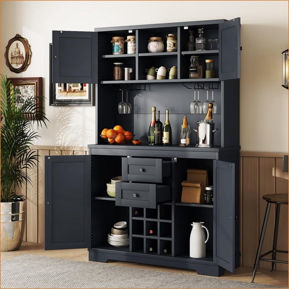 Coffee Bar Cabinet, Farmhouse Dark Blue with Storage, Wine Cubbies & Drawers | MDF + Particle Board