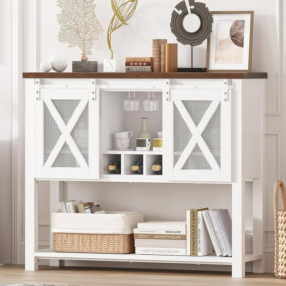 Coffee Bar Cabinet, Farmhouse Sideboard Buffet with Sliding Barn Doors, Wine Racks, Open Storage Shelf, for Kitchen, Dining Room, Entryway - White