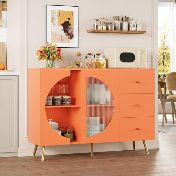 Coffee Bar Cabinet with Fluted Glass Door, Modern Cream Style Buffet Sideboard with Wine Glass Rack, Chest of Drawer Buffet Cabinet with Storage for Living Room, Orange