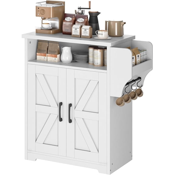 Coffee Bar Cabinet, Kitchen Island with Storage, Farmhouse Sideboard Buffet Cabinet with Dual-Purpose Floating Shelf and Hooks, for Kitchen, Restaurant, Living Room, White KF22WT