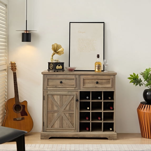 CKEASEAN Farmhouse Buffet Cabinet with 2 Drawers, 35" H Wine Bar Cabinet with Removable Wine Racks and Storage Shelves, Liquor Coffee Bar Cupboard, Rack for Living Room, Kitchen