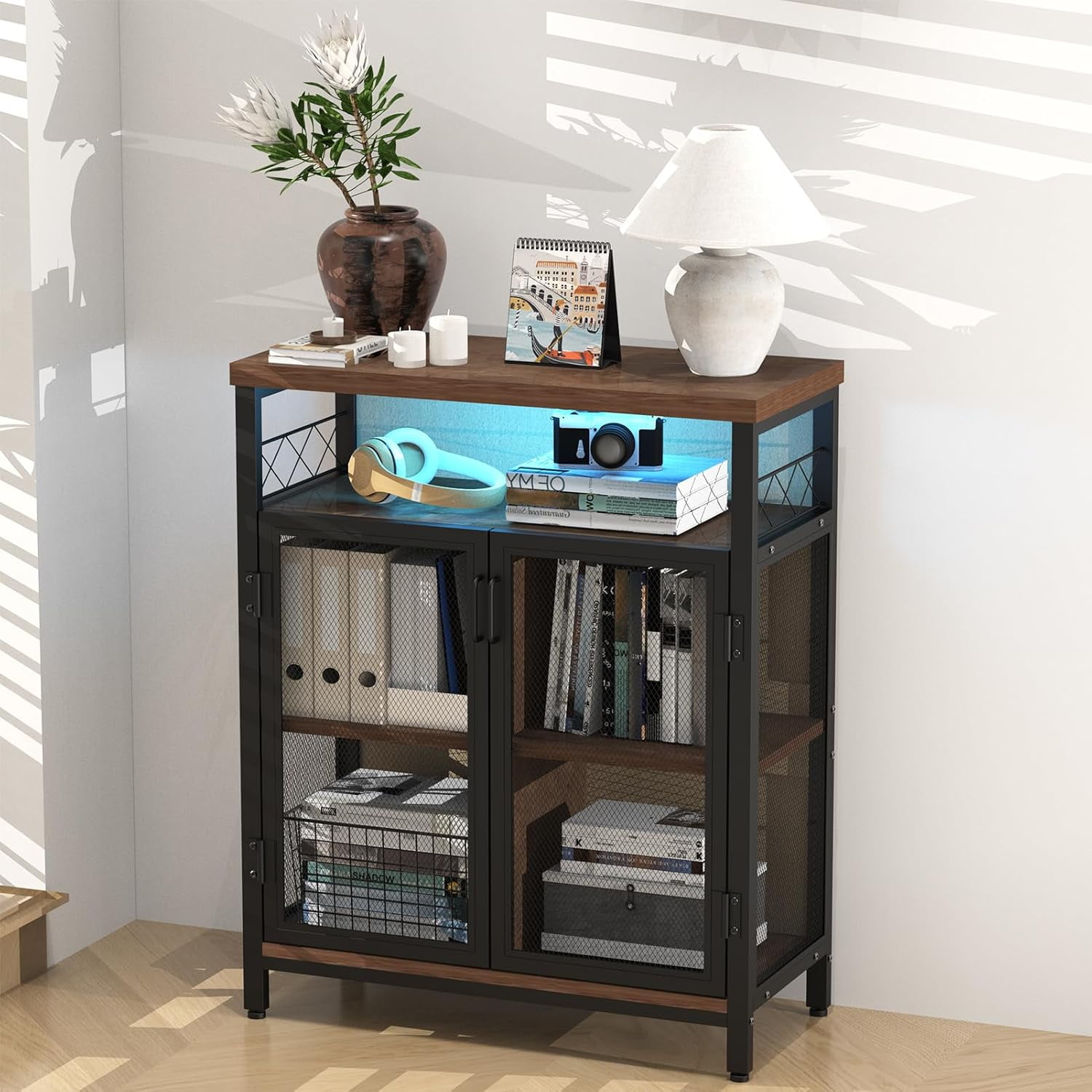 78.7" Corner Bar Cabinet With LED Lights - Farmhouse Tall Liquor Cabinet With Doors & Mirrors, 5 Tiers