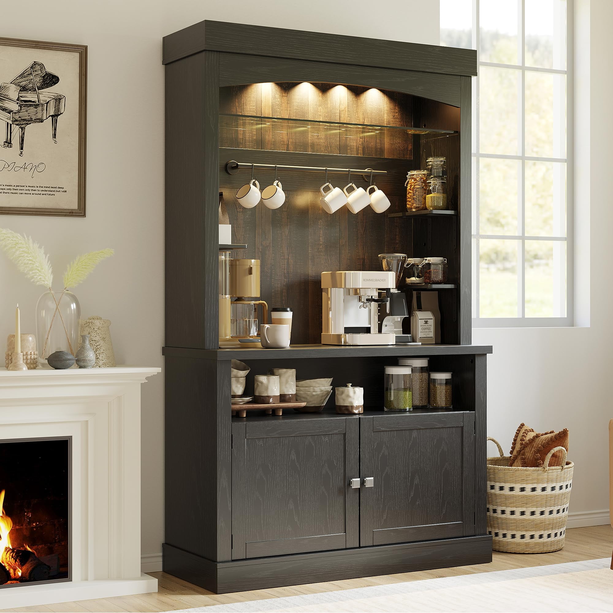 Coffee Bar Cabinet with LED Lights 72" Tall Buffet Cabinet with Storage Farmhouse Kitchen ...