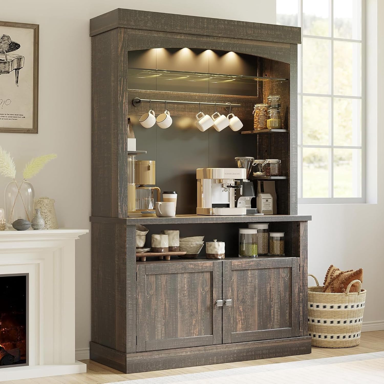 Mopio Blake Storage Cabinet With Hutch – Sideboard Buffet With Doors & Shelves, Kitchen Pantry Organizer, Black Oak