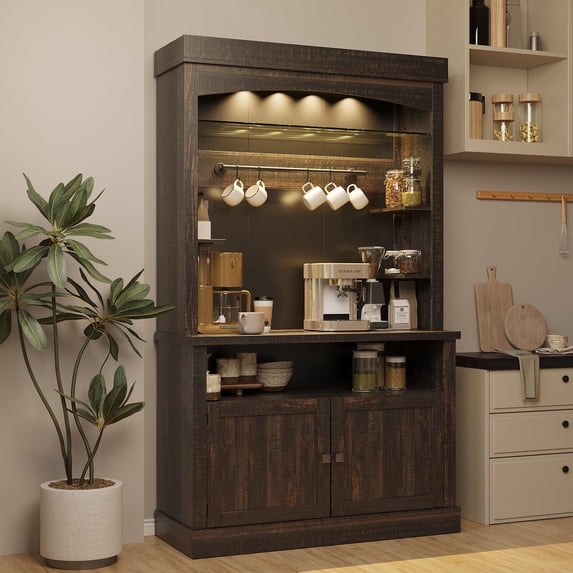 Coffee Bar Cabinet with LED Lights 72 in Tall Buffet Cabinet with Storage Farmhouse Kitchen Sideboard Tall with Microwave Stand/Wine Rack/Glass Shelf Dining Room (Oak), Black and Brown