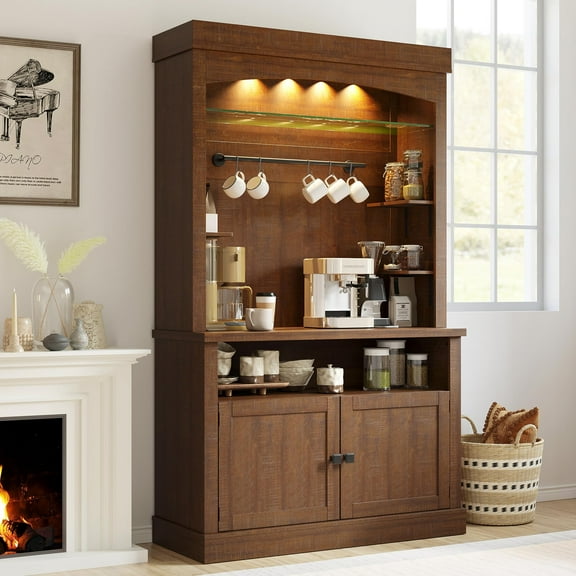 Coffee Bar Cabinet with LED Lights, 72" Tall Farmhouse Buffet with Storage, Includes Microwave Stand, Wine Rack & Glass Shelves for Dining Room or Kitchen, Warm Brown