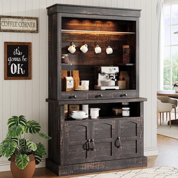 Coffee Bar Cabinet with LED Lights, 72" Tall Farmhouse Cabinet Coffee Bar Hutch with Storage, Sideboard Buffet Cabinet Glass Shelf/6 Hooks/3 Drawers for Kitchen Dining Room