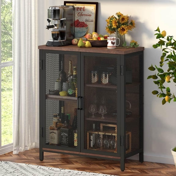 Coffee Bar Cabinet for Liquor, Small Storage Cabinet for Home Kitchen, Farmhouse Sideboard Buffet Cabinets, Industrial Alcohol Cabinets for Dining Entryway Living Room (Rustic Oak)