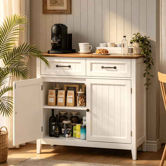 Coffee Bar Cabinet, Lofka 35.4 Inch Small Sideboard Buffet Cabinet with Drawers & Adjustable Shelf, Slim Waterproof Storage Cabinet for Apartment Kitchen Entryway Living Room Home Office, Retro