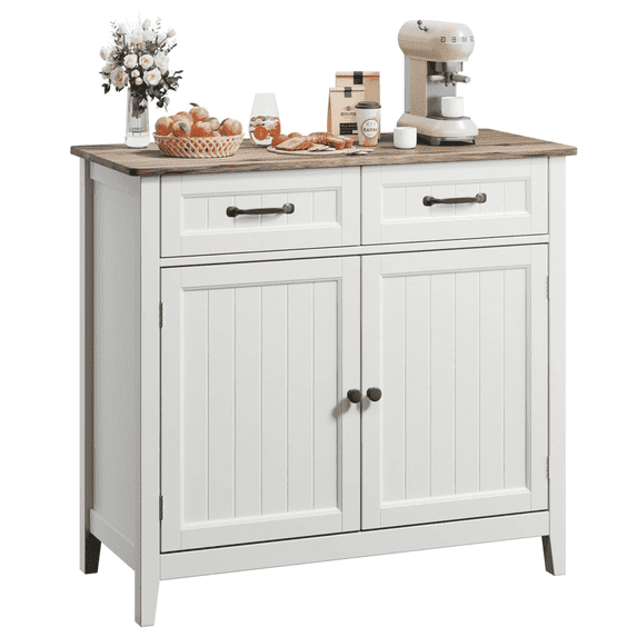 Farmhouse Coffee Bar Cabinet with Storage, 35 Inch Sideboard Buffet Cabinet with 2 Drawers Doors and Adjustable Shelf, White Kitchen Pantry Storage Cabinet with Wood Top for Dining Room Living Room