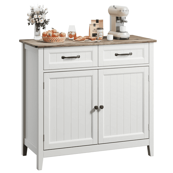 Coffee Bar Cabinet, Lofka 35.4” Kitchen Pantry Storage Cabinet with Adjustable Shelves and 2 Drawers for Dining Room & Entryway, Gray