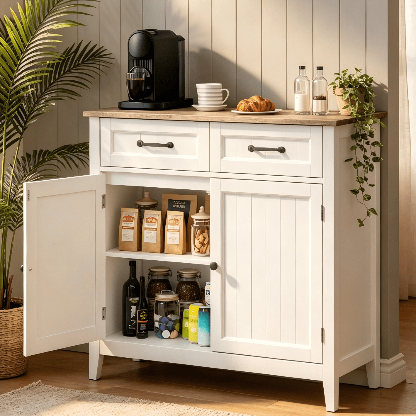 Coffee Bar Cabinet, Lofka 35.4 Inch Small Sideboard Buffet Cabinet with Drawers & Adjustable Shelf, Slim Waterproof Storage Cabinet for Apartment Kitchen Entryway Living Room Home Office, Gray
